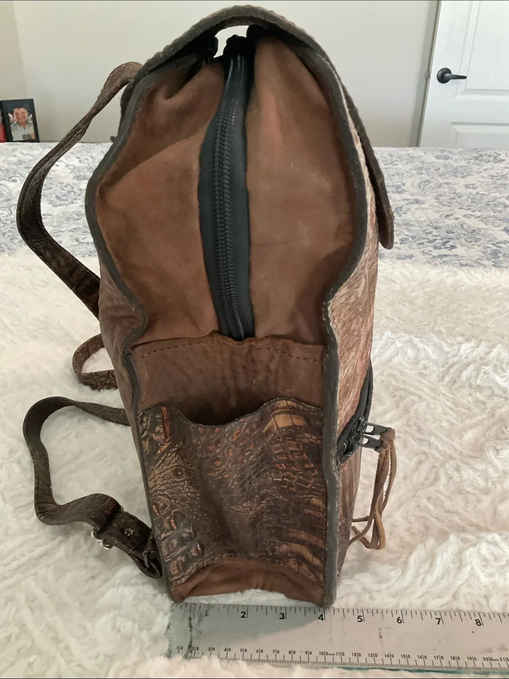 Brown Leather & Hair-calf, Alligator Backpack with Copper Accents